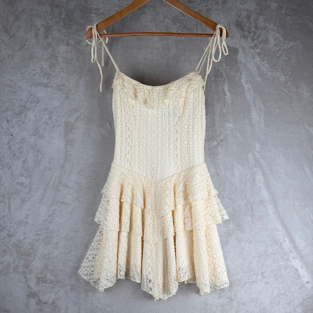 Western fairycore balletcore Lace Tiered Mini Dress Tie Shoulder Sweetheart S